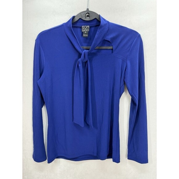 Clara Sun Woo Tops - Clara Sun Woo Keyhole Bow Top Womens XS Cobalt Blue Long Sleeve Stretch USA Made
